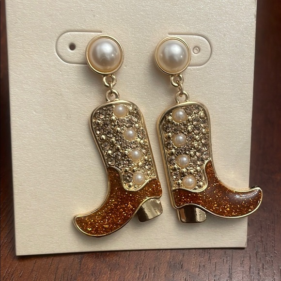 Unbranded Rhinestone Faux Pearl Gold and Brown Cowboy Boot  Earrings New - Picture 1 of 6